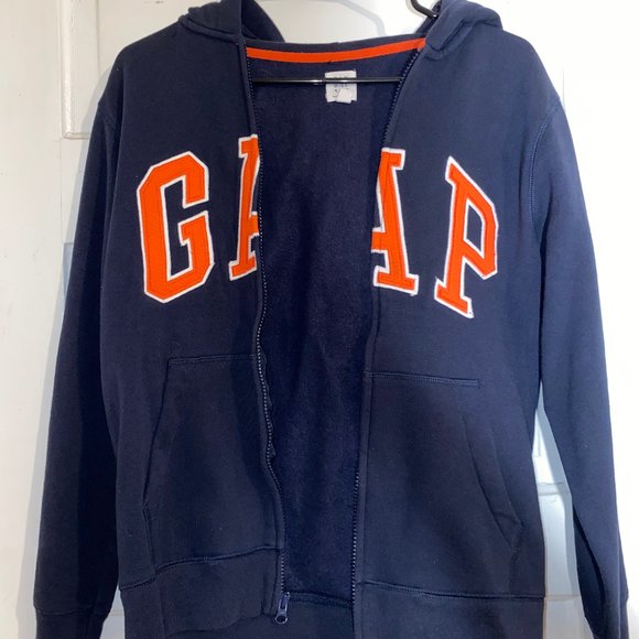 GAP Unisex Sportswear Full-Zip Up Logo Hoodie - Navy Blue, Orange Word Block - Picture 2 of 4